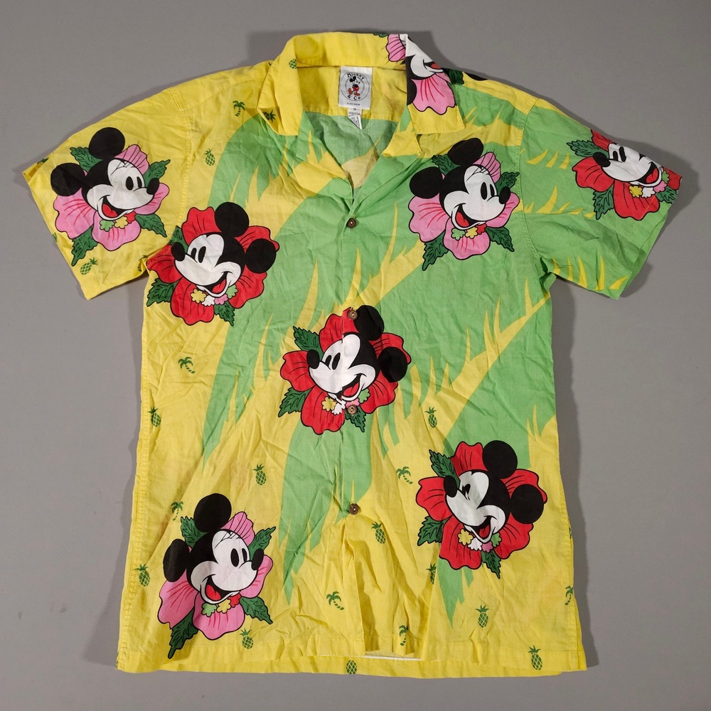 Mickey & Co. Button Up Shirt Unisex Small Yellow Hawaiian Mickey Minnie Vintage